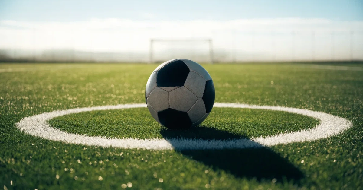 Un pallone da calcio sul dischetto del centrocampo di un prato, alla luce del mattino