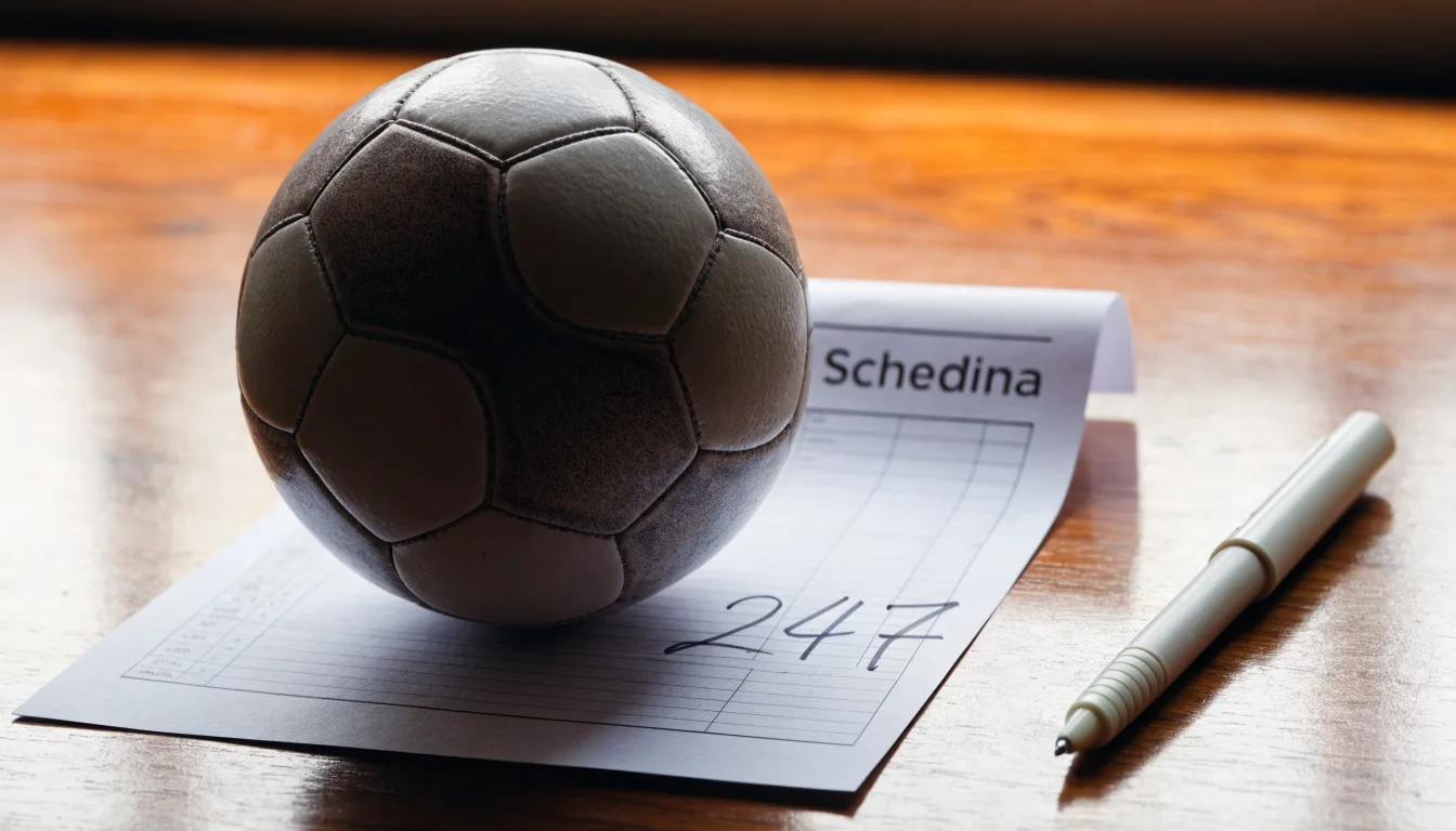 Un pallone da calcio appoggiato su una schedina bianca su un tavolo di legno, alla luce del giorno