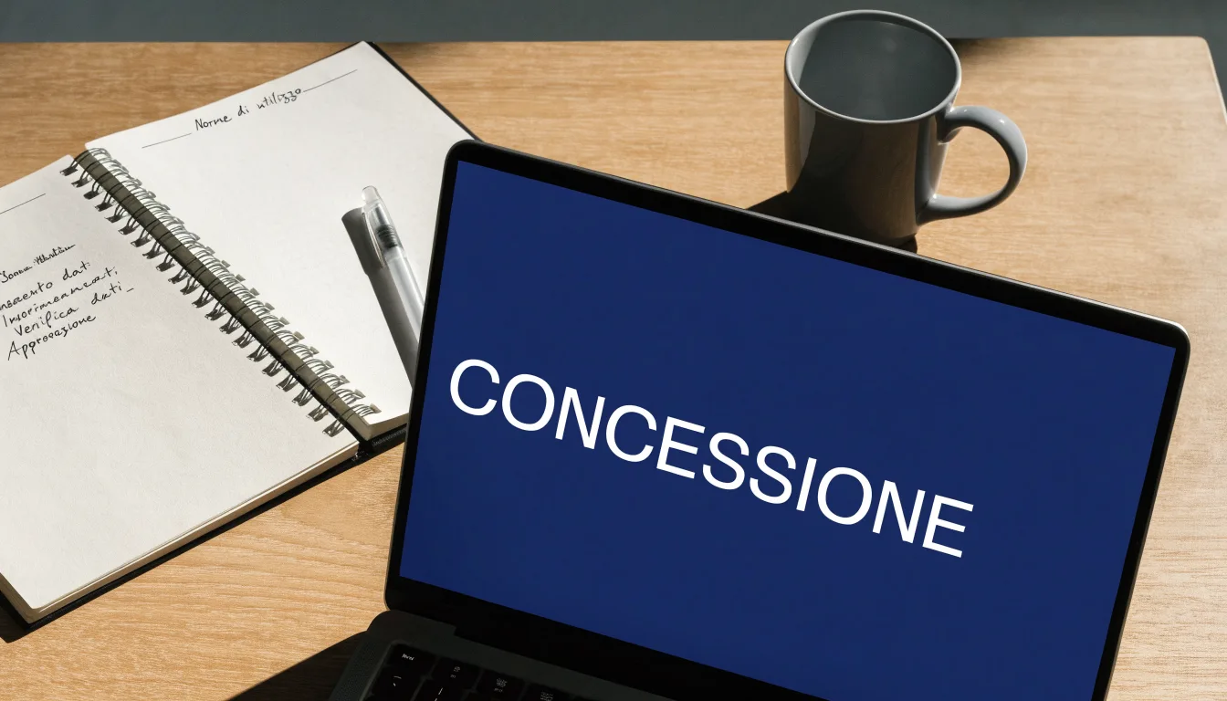 Un foglio di concessione in carta con un timbro rosso, appoggiato su una scrivania di legno accanto a una penna