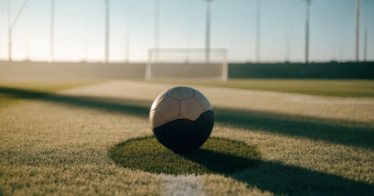 Un pallone da calcio sul dischetto del centrocampo di un prato, alla luce del mattino