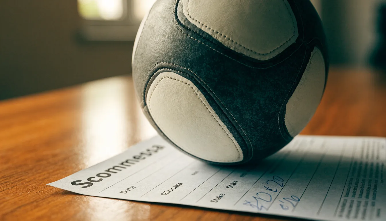 Un pallone da calcio appoggiato su una schedina bianca su un tavolo di legno, alla luce del giorno