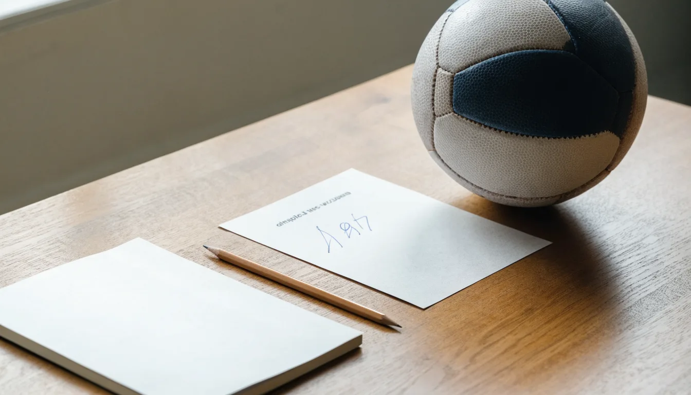 Un pallone da calcio appoggiato su una schedina bianca su un tavolo di legno, alla luce del giorno