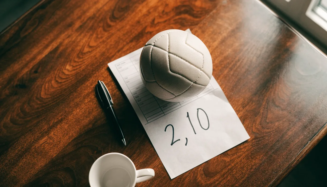 Un pallone da calcio appoggiato su una schedina bianca su un tavolo di legno, alla luce del giorno