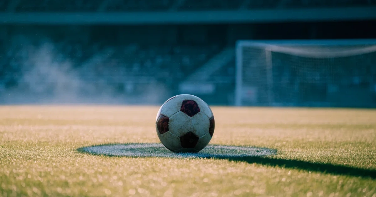 Un pallone da calcio sul dischetto del centrocampo di un prato, alla luce del mattino