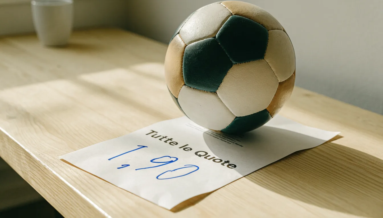 Un pallone da calcio appoggiato su una schedina bianca su un tavolo di legno, alla luce del giorno