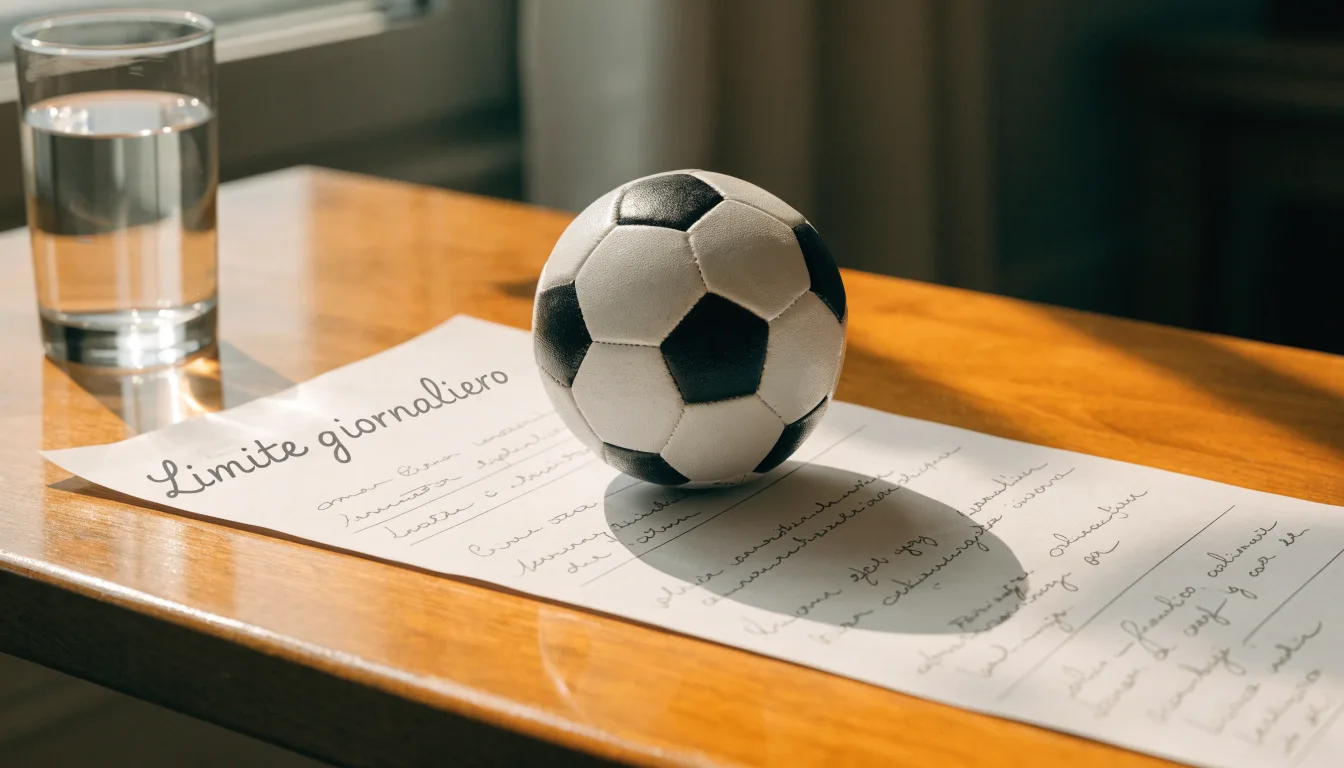 Un pallone da calcio appoggiato su una schedina bianca su un tavolo di legno, alla luce del giorno