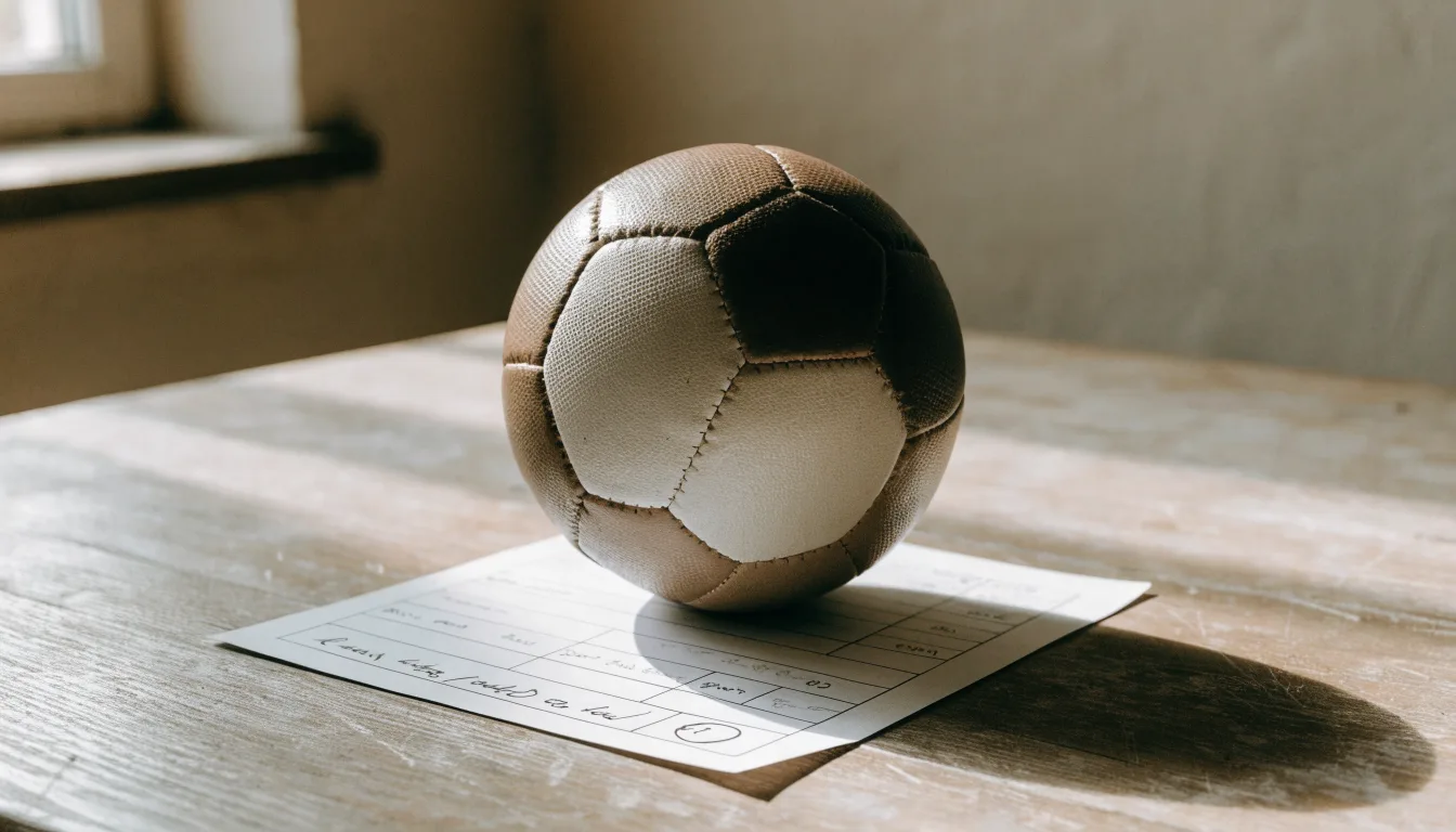 Un pallone da calcio appoggiato su una schedina bianca su un tavolo di legno, alla luce del giorno