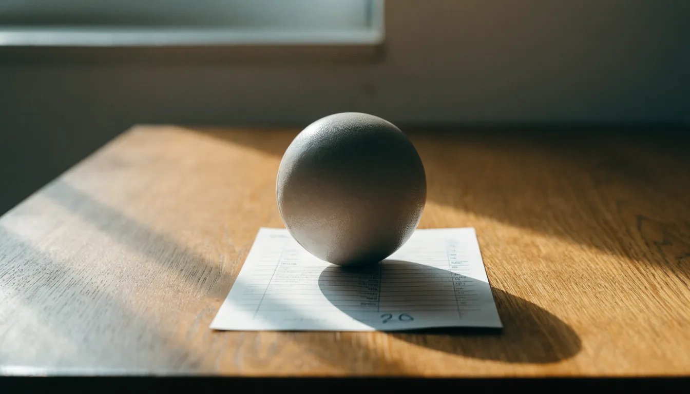 Un pallone da calcio appoggiato su una schedina bianca su un tavolo di legno, alla luce del giorno