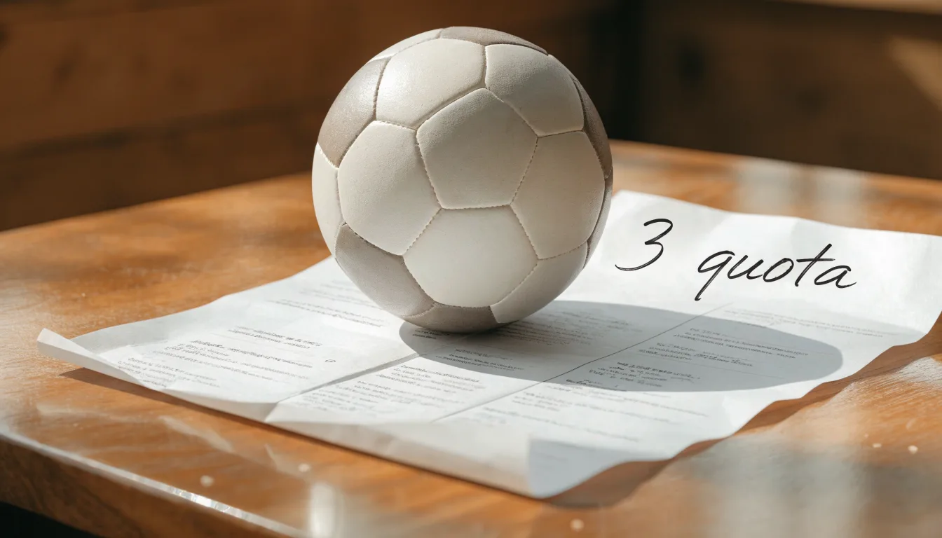 Un pallone da calcio appoggiato su una schedina bianca su un tavolo di legno, alla luce del giorno