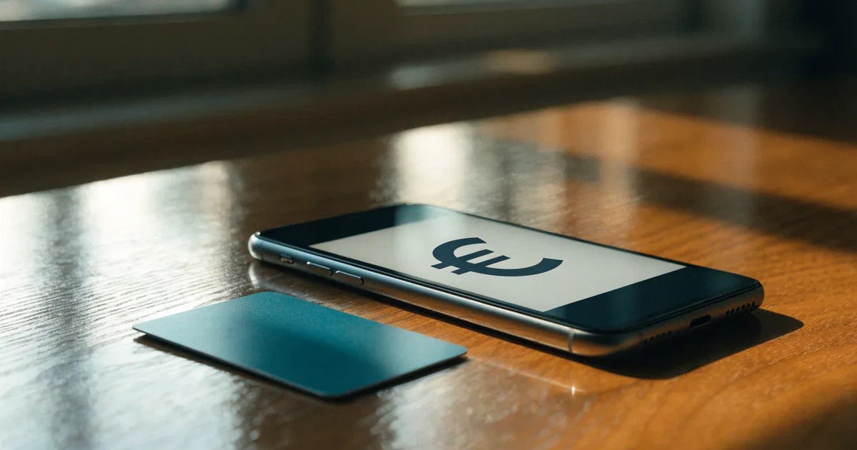 Uno smartphone e una carta di pagamento affiancati su un tavolo di legno, con alcune banconote da euro accanto