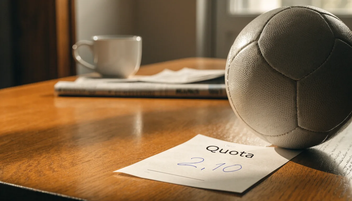 Un pallone da calcio appoggiato su una schedina bianca su un tavolo di legno, alla luce del giorno