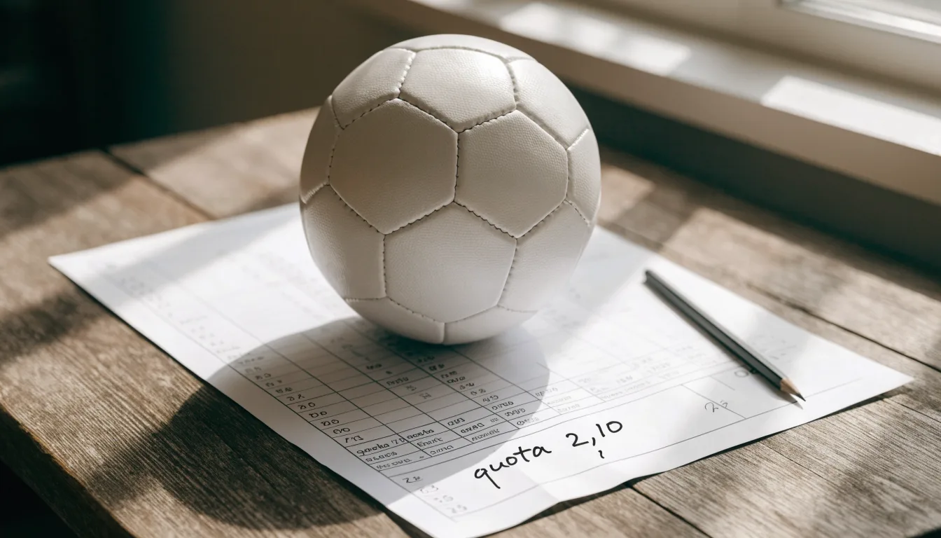Un pallone da calcio appoggiato su una schedina bianca su un tavolo di legno, alla luce del giorno