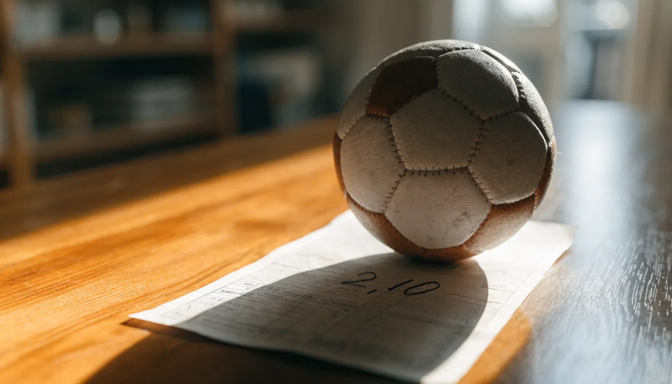 Un pallone da calcio appoggiato su una schedina bianca su un tavolo di legno, alla luce del giorno