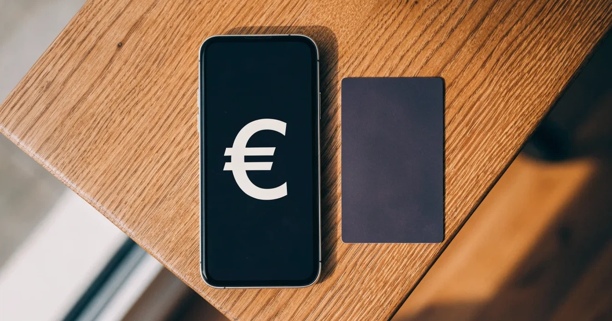 Uno smartphone e una carta di pagamento affiancati su un tavolo di legno, con alcune banconote da euro accanto