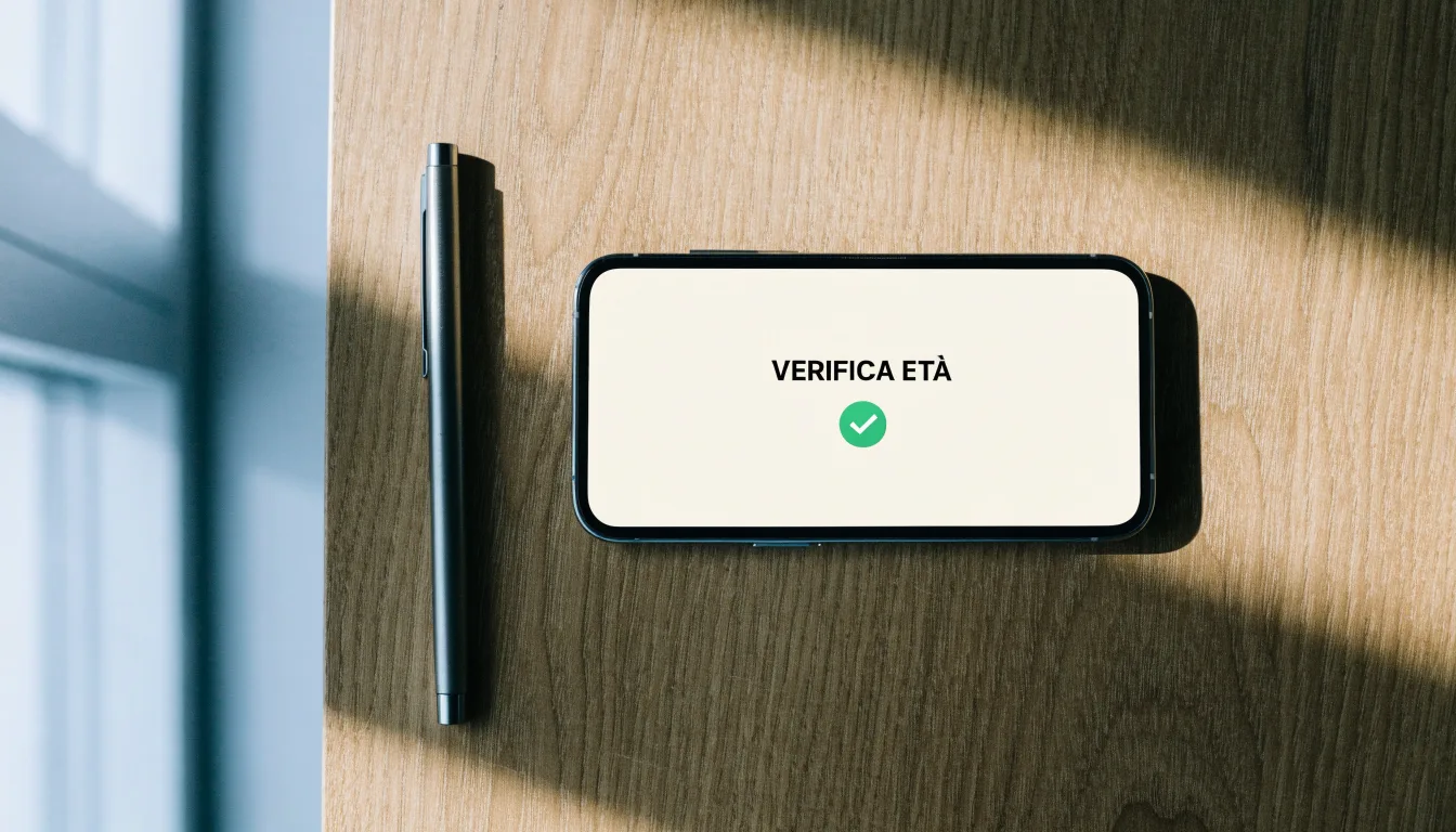 Un foglio di concessione in carta con un timbro rosso, appoggiato su una scrivania di legno accanto a una penna