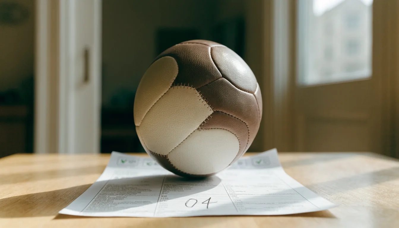 Un pallone da calcio appoggiato su una schedina bianca su un tavolo di legno, alla luce del giorno