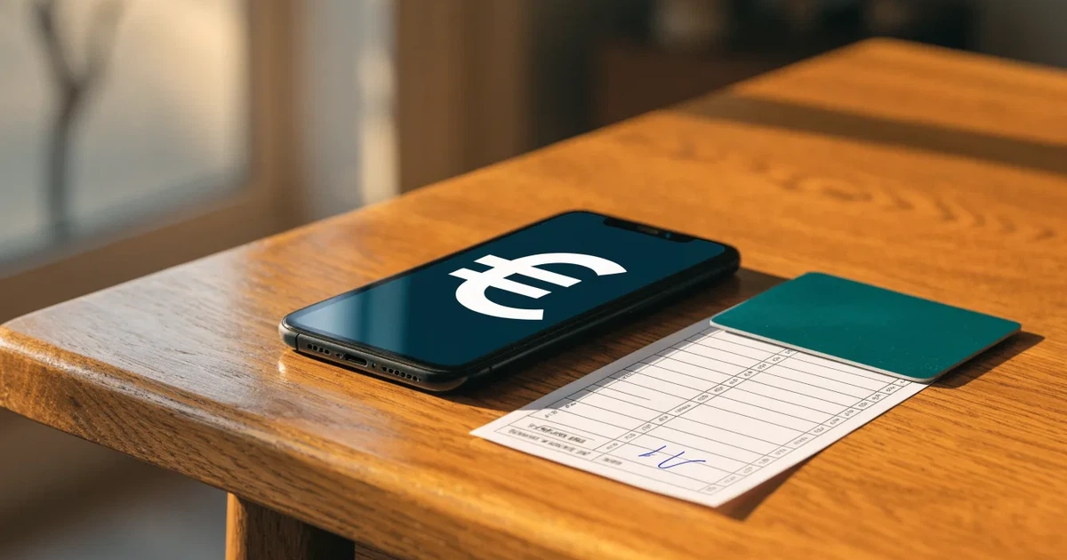 Uno smartphone e una carta di pagamento affiancati su un tavolo di legno, con alcune banconote da euro accanto