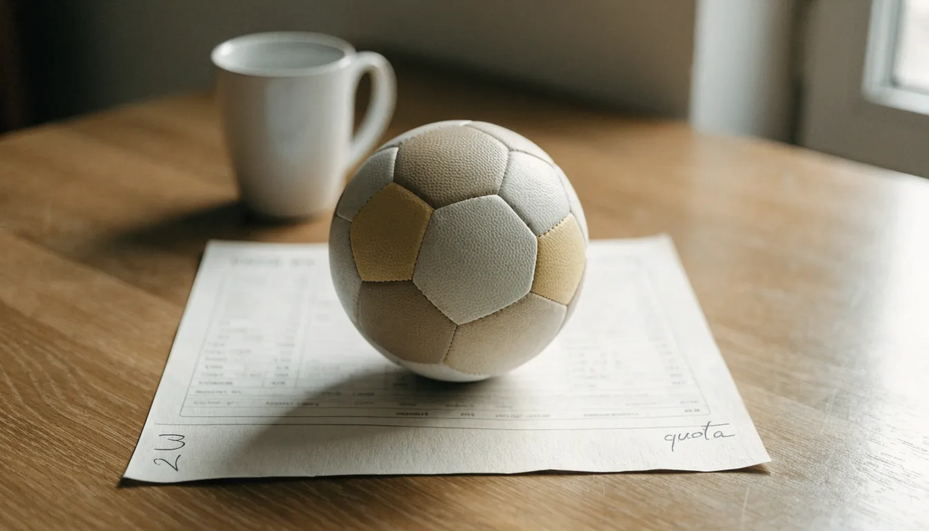 Un pallone da calcio appoggiato su una schedina bianca su un tavolo di legno, alla luce del giorno