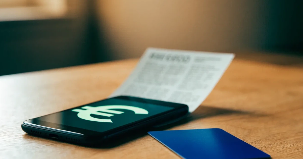 Uno smartphone e una carta di pagamento affiancati su un tavolo di legno, con alcune banconote da euro accanto
