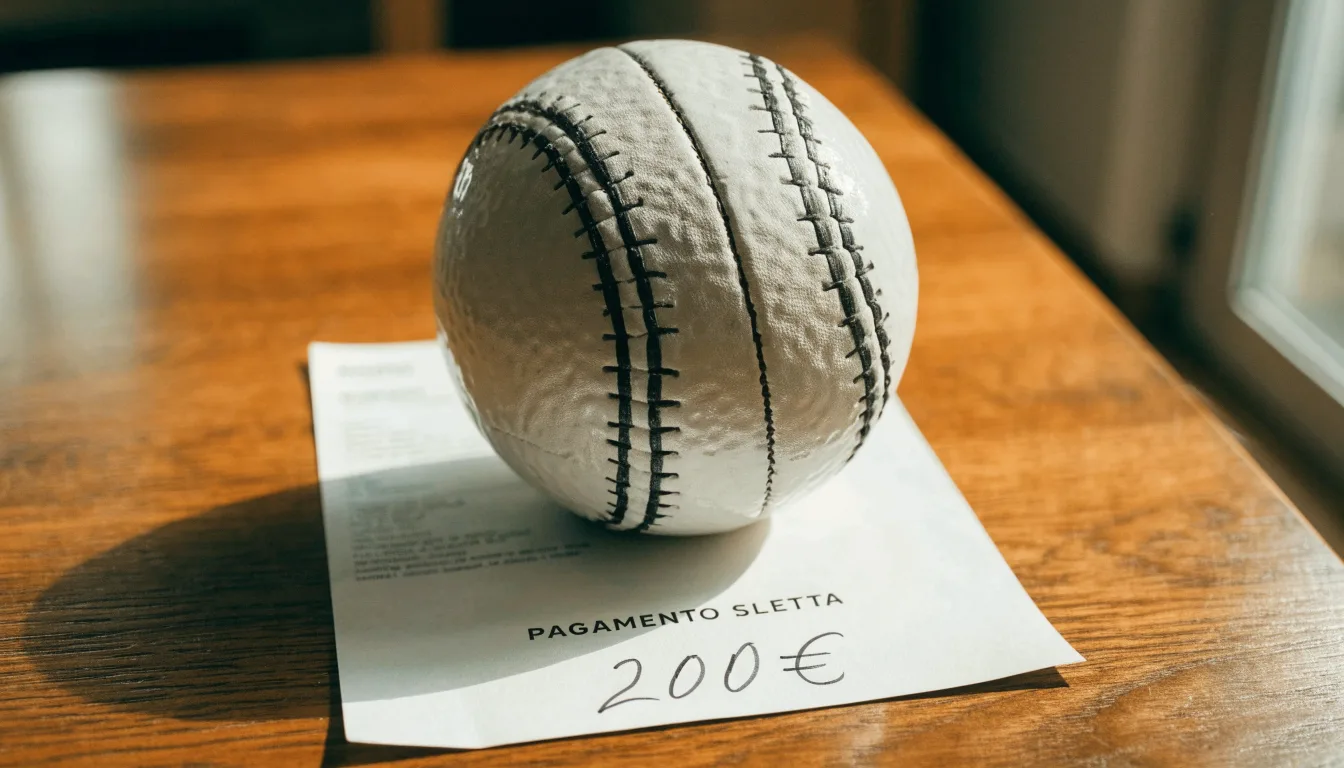 Un pallone da calcio appoggiato su una schedina bianca su un tavolo di legno, alla luce del giorno