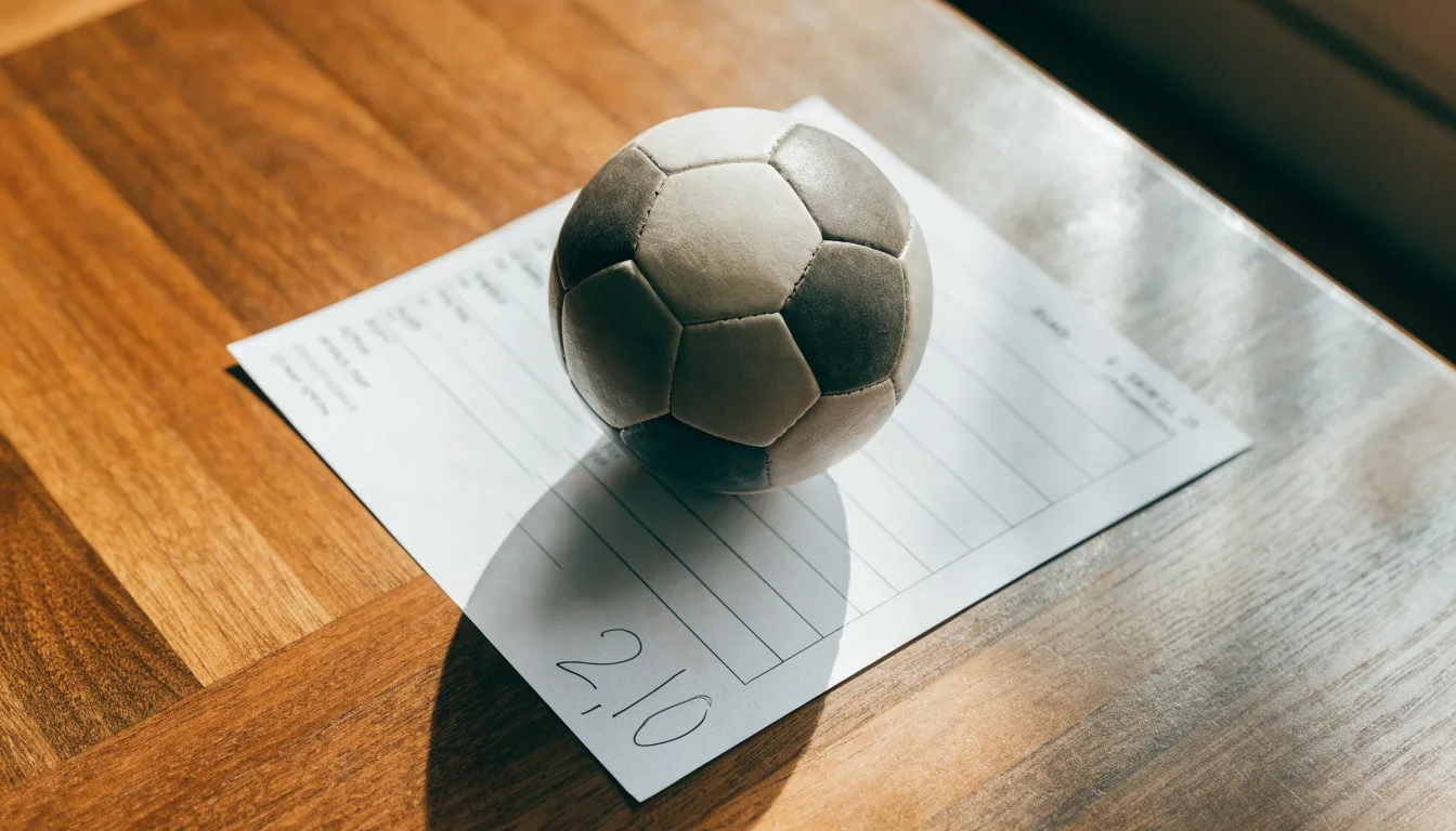 Un pallone da calcio appoggiato su una schedina bianca su un tavolo di legno, alla luce del giorno