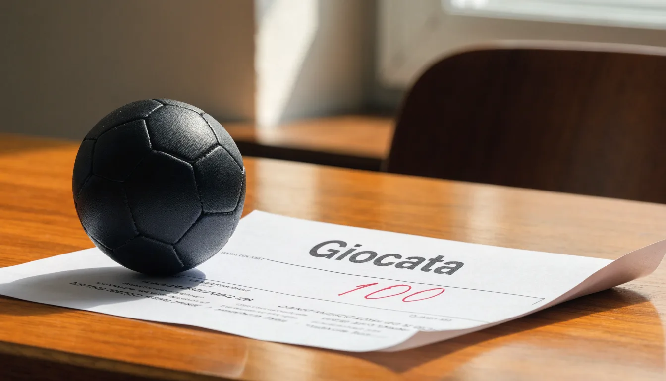 Un pallone da calcio appoggiato su una schedina bianca su un tavolo di legno, alla luce del giorno
