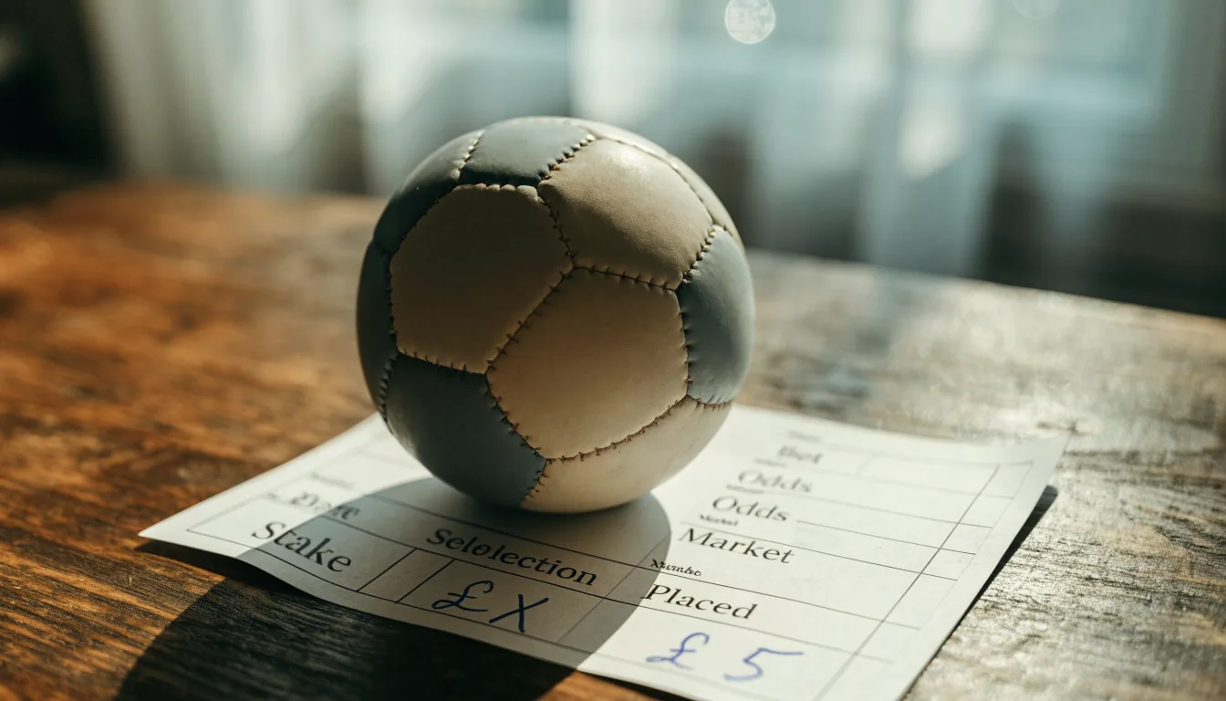 Un pallone da calcio appoggiato su una schedina bianca su un tavolo di legno, alla luce del giorno