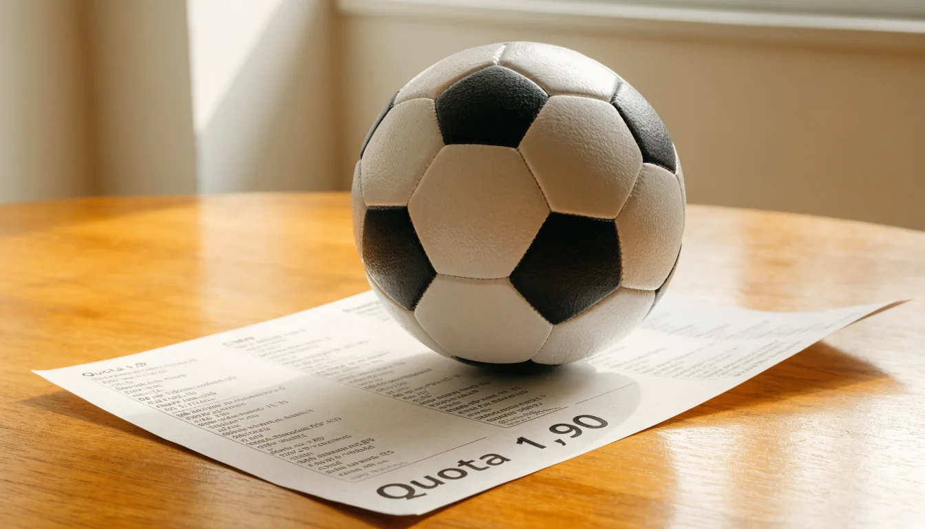 Un pallone da calcio appoggiato su una schedina bianca su un tavolo di legno, alla luce del giorno