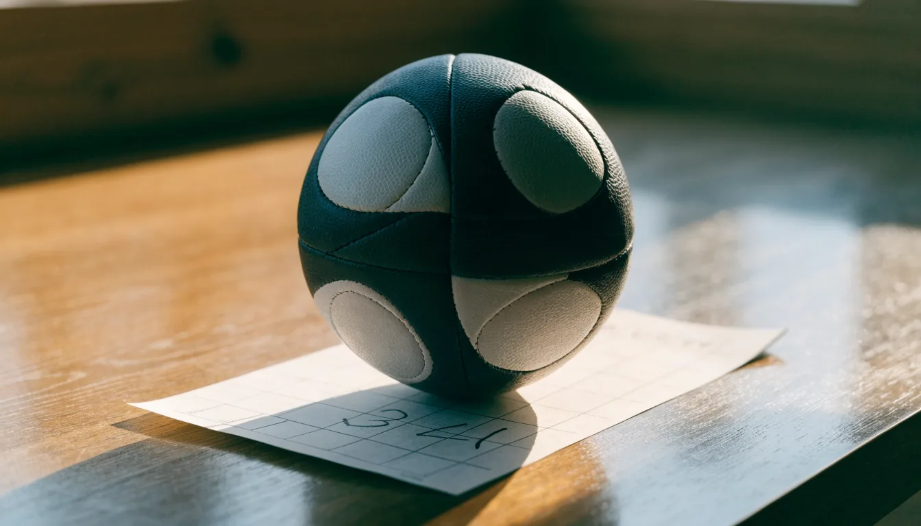 Un pallone da calcio appoggiato su una schedina bianca su un tavolo di legno, alla luce del giorno