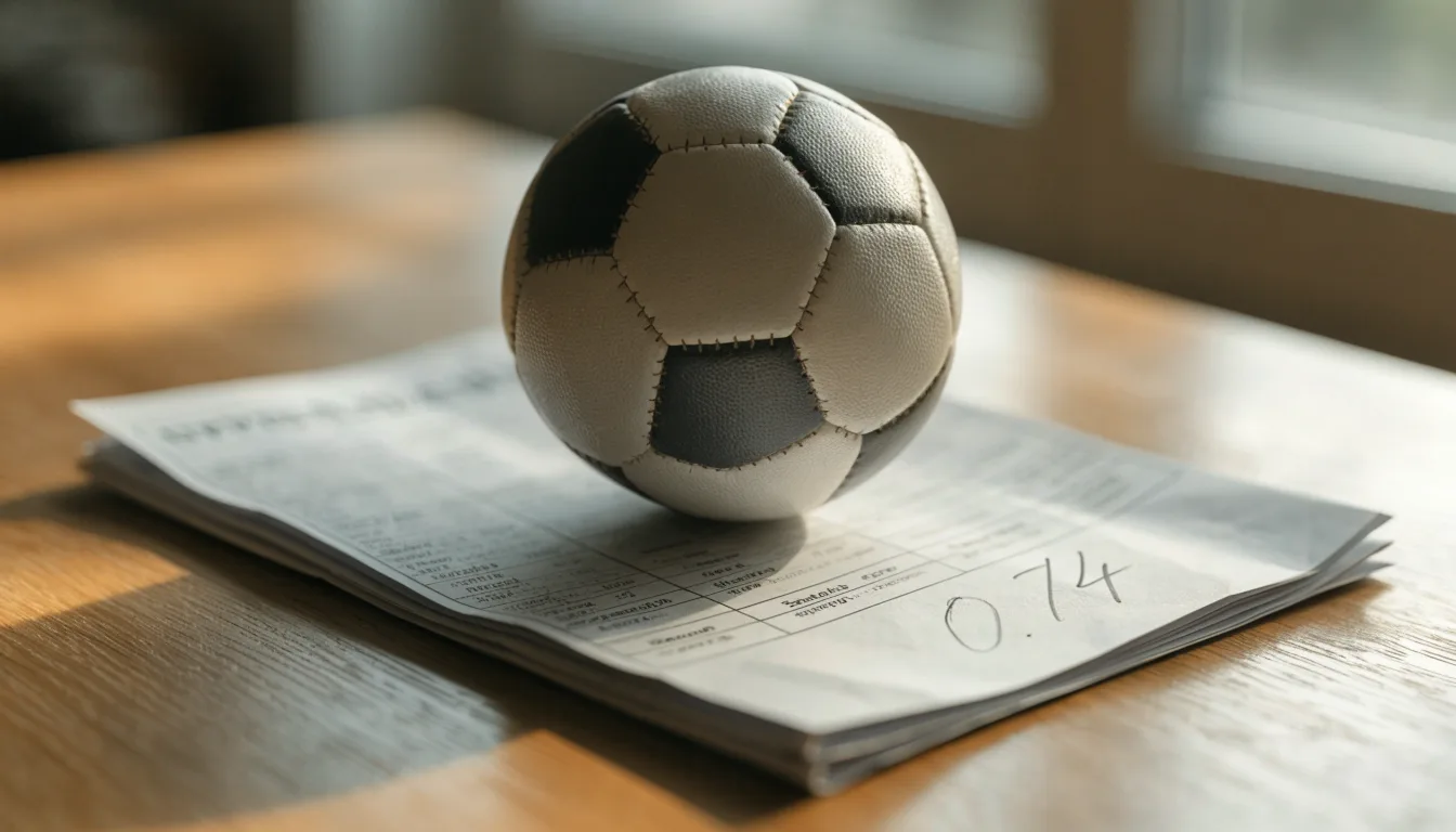 Un pallone da calcio appoggiato su una schedina bianca su un tavolo di legno, alla luce del giorno