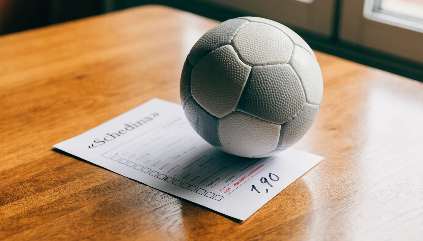Un pallone da calcio appoggiato su una schedina bianca su un tavolo di legno, alla luce del giorno