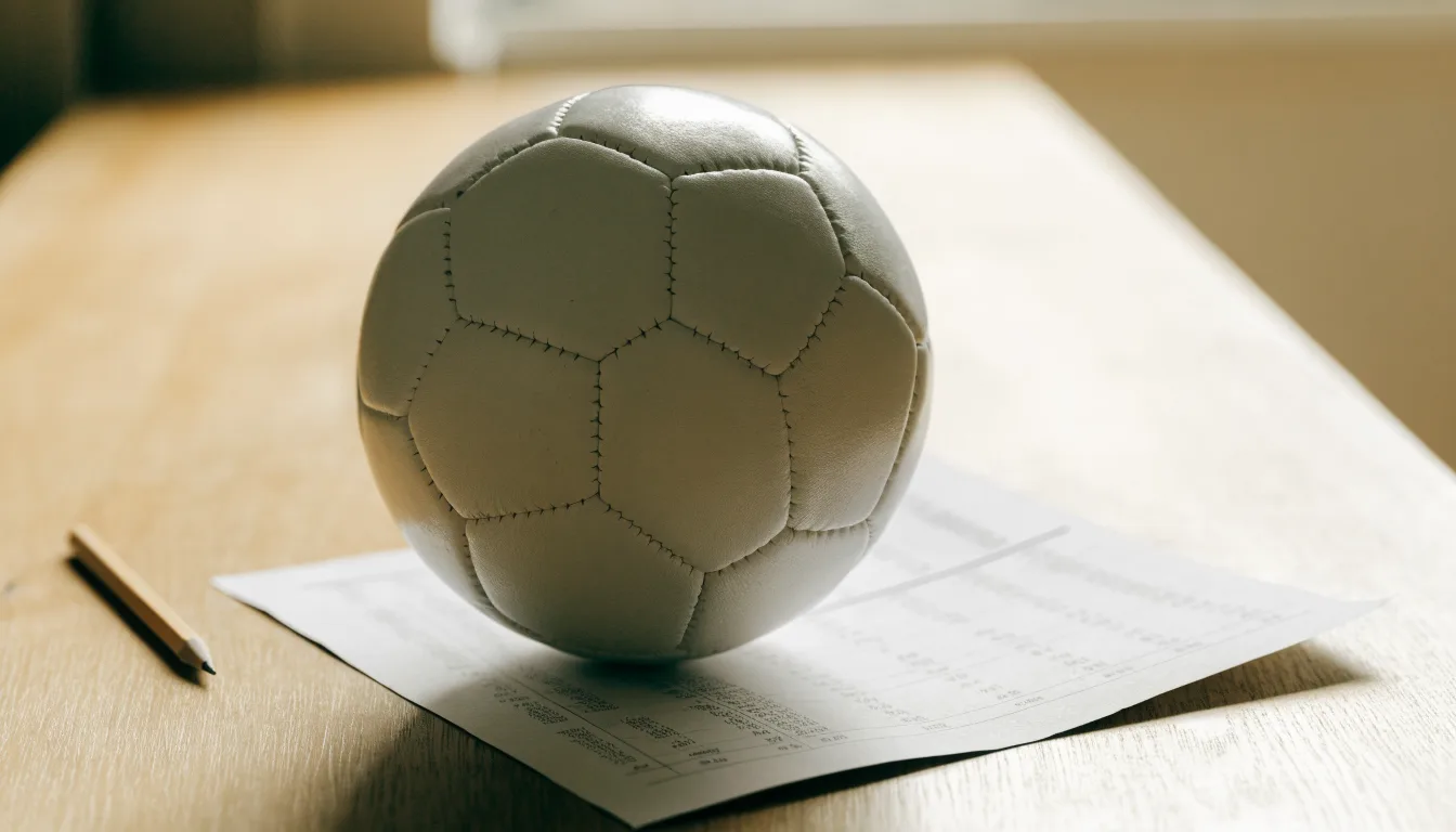 Un pallone da calcio appoggiato su una schedina bianca su un tavolo di legno, alla luce del giorno