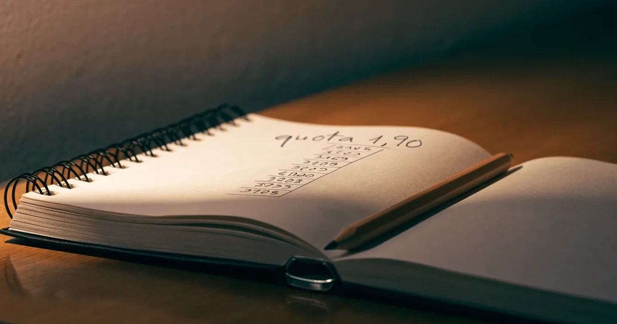Un quaderno aperto con quote scritte a mano, una calcolatrice e una matita su un tavolo di legno