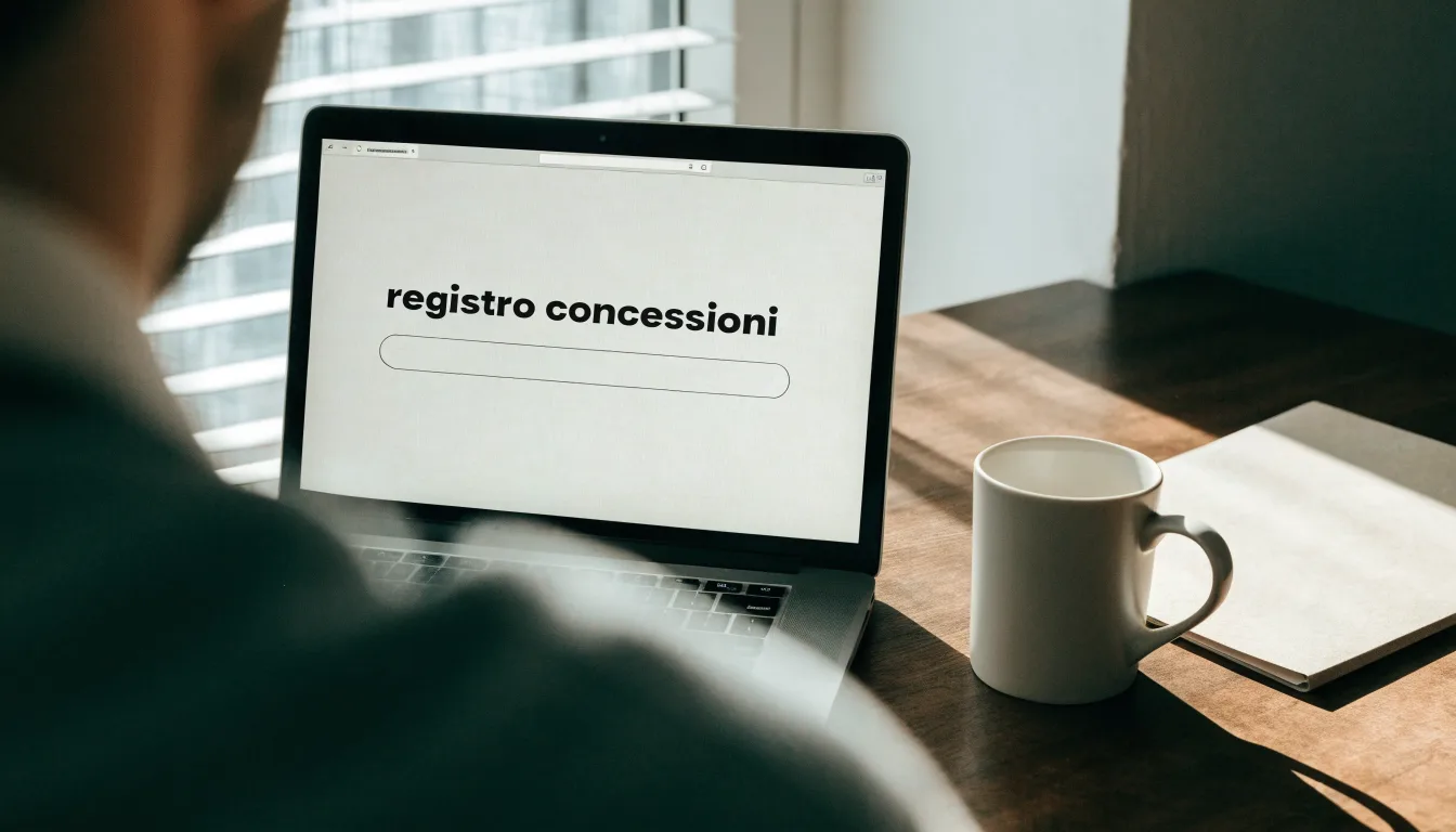 Un foglio di concessione in carta con un timbro rosso, appoggiato su una scrivania di legno accanto a una penna