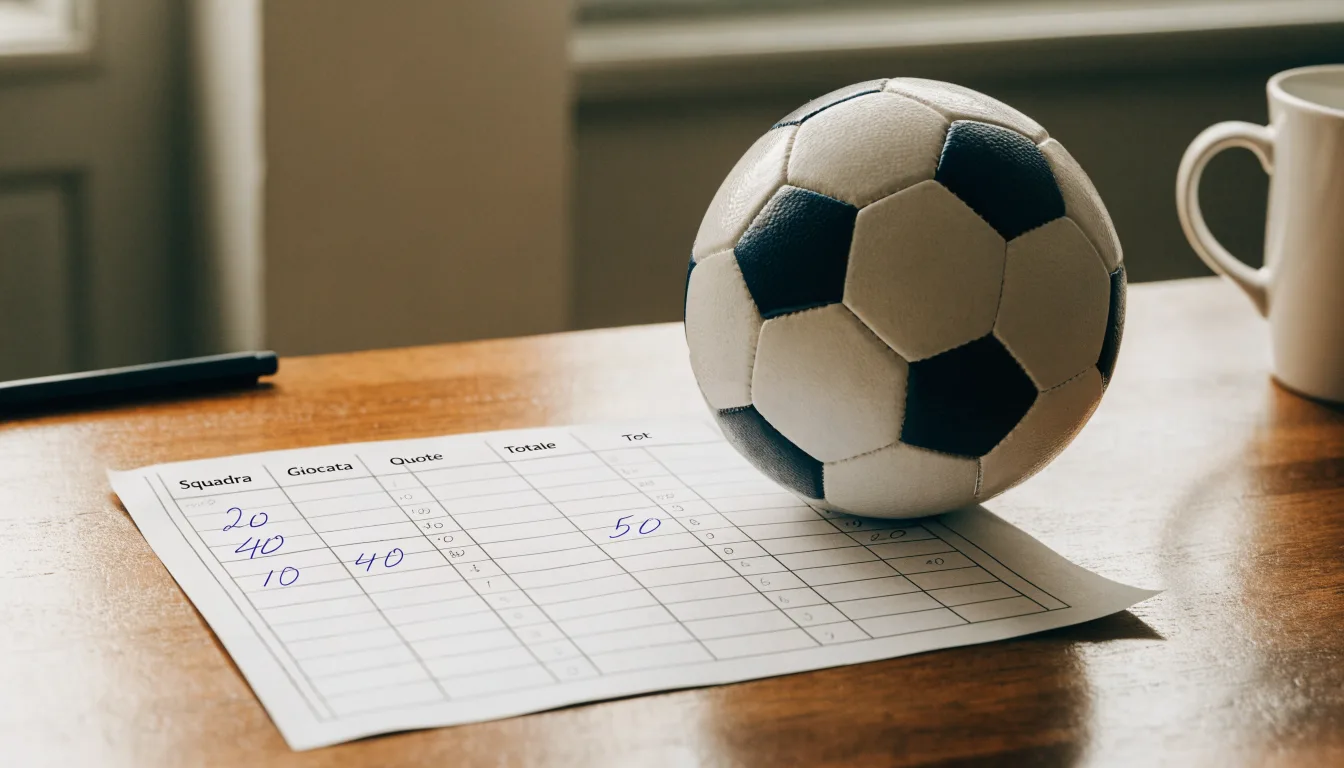 Un pallone da calcio appoggiato su una schedina bianca su un tavolo di legno, alla luce del giorno