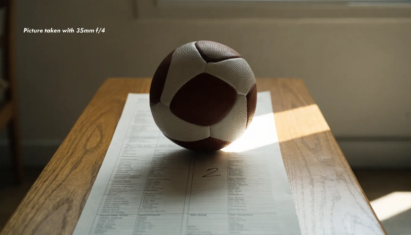 Un pallone da calcio appoggiato su una schedina bianca su un tavolo di legno, alla luce del giorno