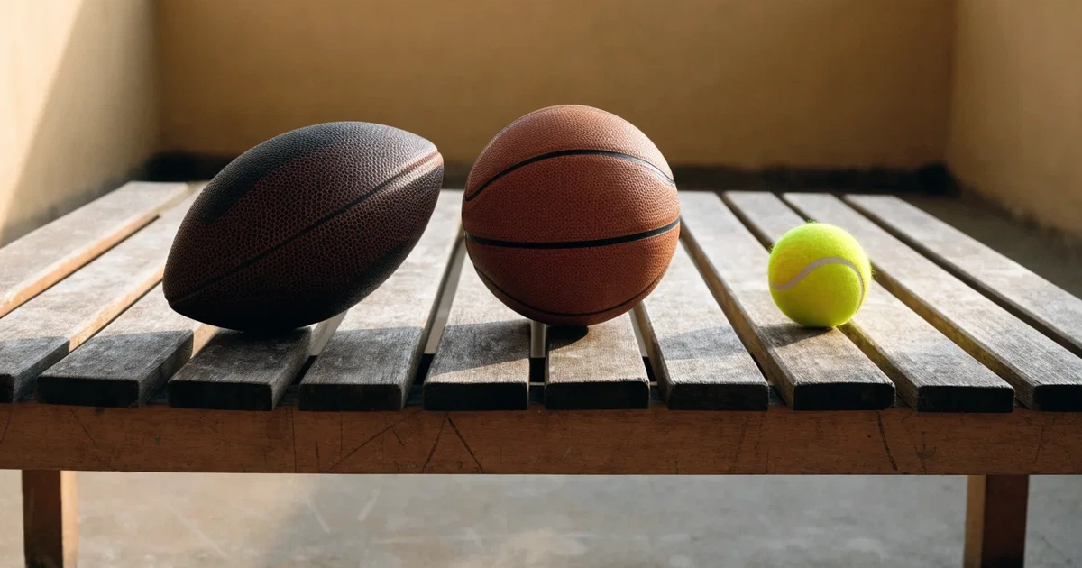 Tre palloni di sport diversi allineati uno accanto all'altro su una panca di legno